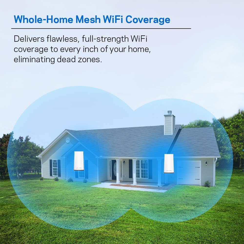 Linksys Velop Mesh Home WiFi System 3000 sq ft Coverage, 20+ Devices, Speeds up to (AC1300) 1.3Gbps, Dual-Band, 2 Pack, White - WHW0102